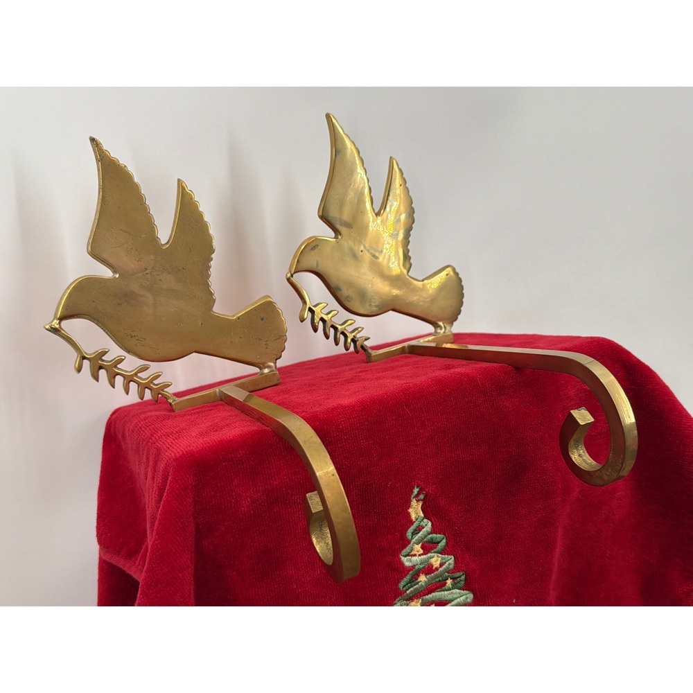 Vintage Solid Brass Dove of Peace Christmas Stocking Holders Pair Gold Mantel